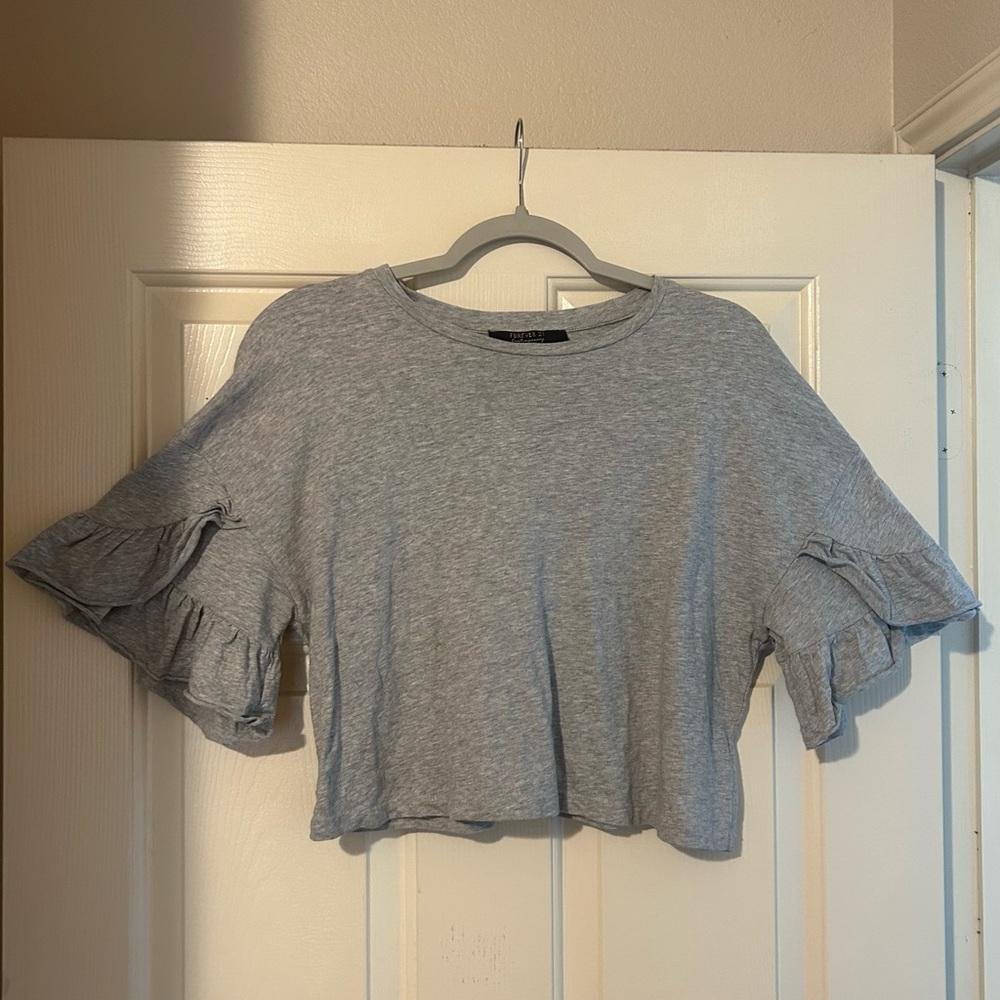 F21 Contemporary | Gray Crop Top with Ruffled Bell Sleeves Women’s size Medium